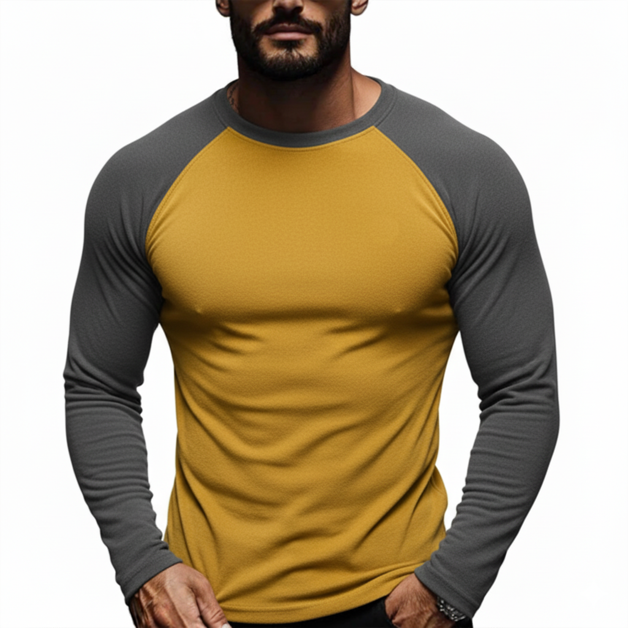 Men's Classic Casual Tough Style Round Neck Contrast Color Dralon Fabric Slim Long Sleeve T-shirt MTA2463J1K