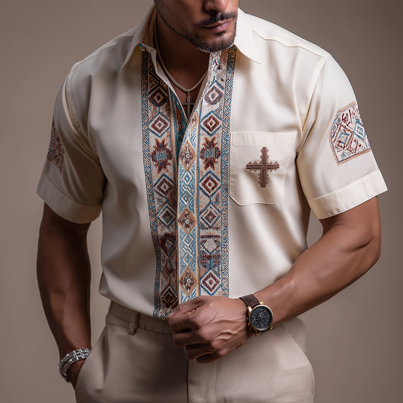 Men's Retro Casual Ethnic Style Geometric Print Lapel Short Sleeve Shirt MTA3111G0TO