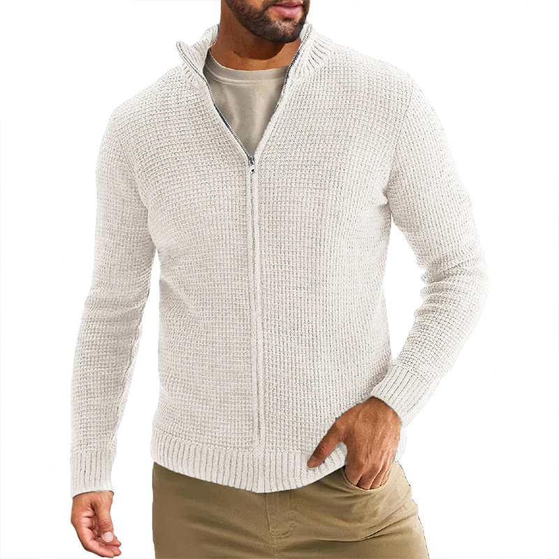 Men's Casual Solid Color Stand Collar Zipper Knit Cardigan MTA0459H5X
