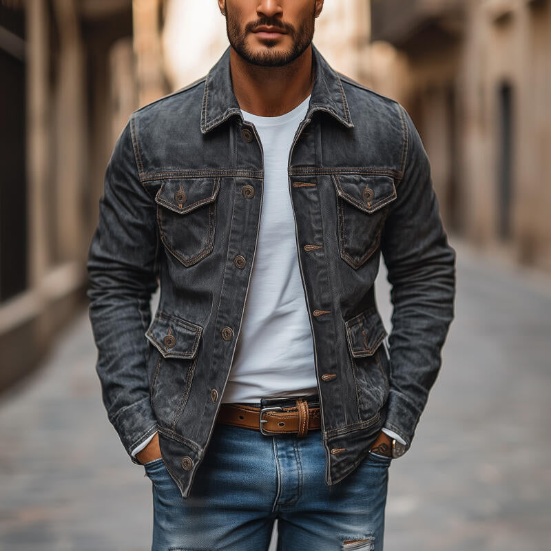Men's Vintage Washed Distressed Denim Lapel Single-breasted Multi-pocket Caogo Jacket MTA2168H3M