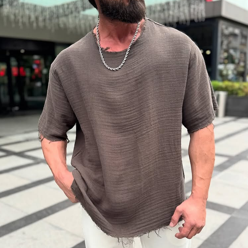 Men's Solid Cotton And Linen Rough edge Round Neck Short Sleeve T-Shirt MTA0652E8Z