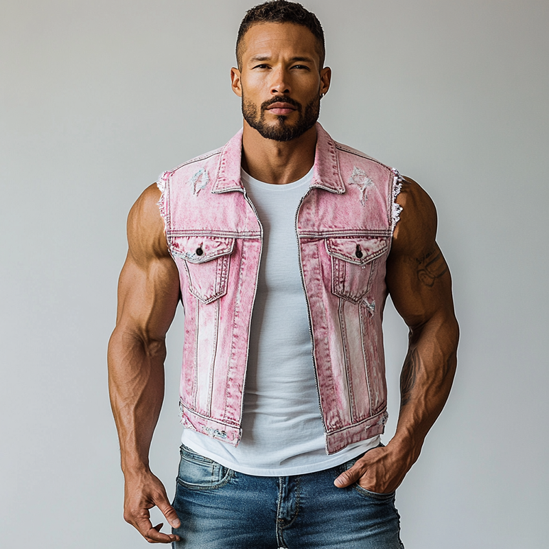 Men's Lapel Sleeveless Ripped Zipper Denim Vest MTA1360F9Y