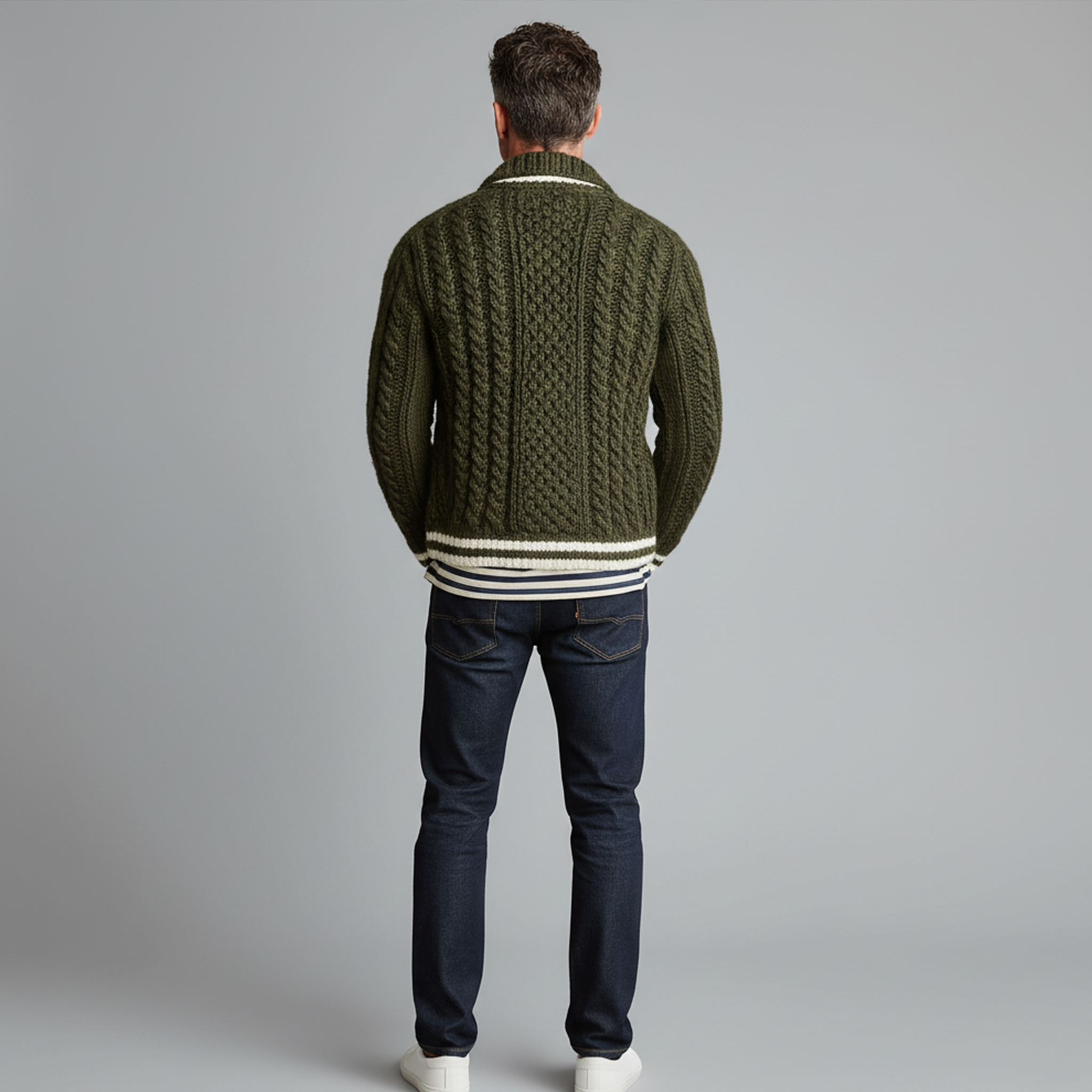 Men's Casual Fashionable Lapel White And Green Contrast Knitted Cardigan MTA1714J9K