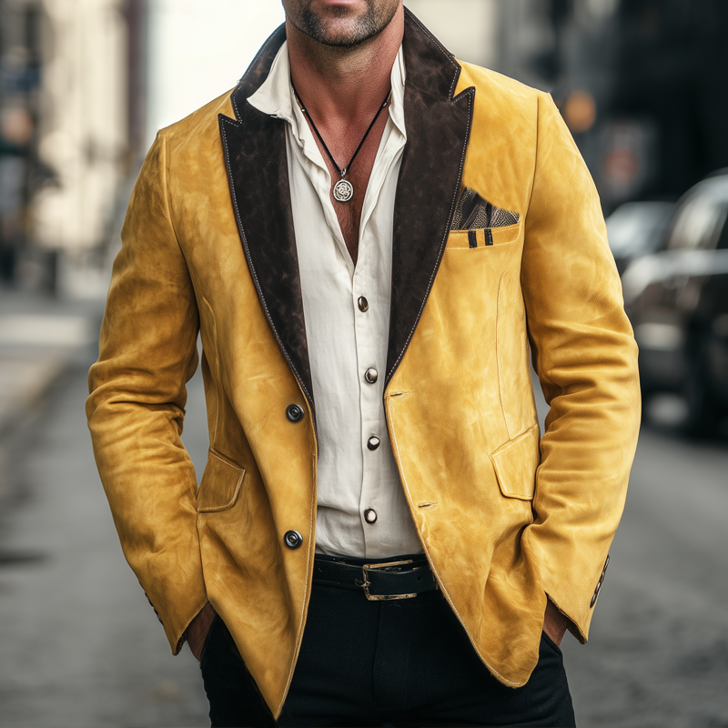 Men's Vintage Suede Colorblock Collar Two-Button Blazer MTA2271H0U