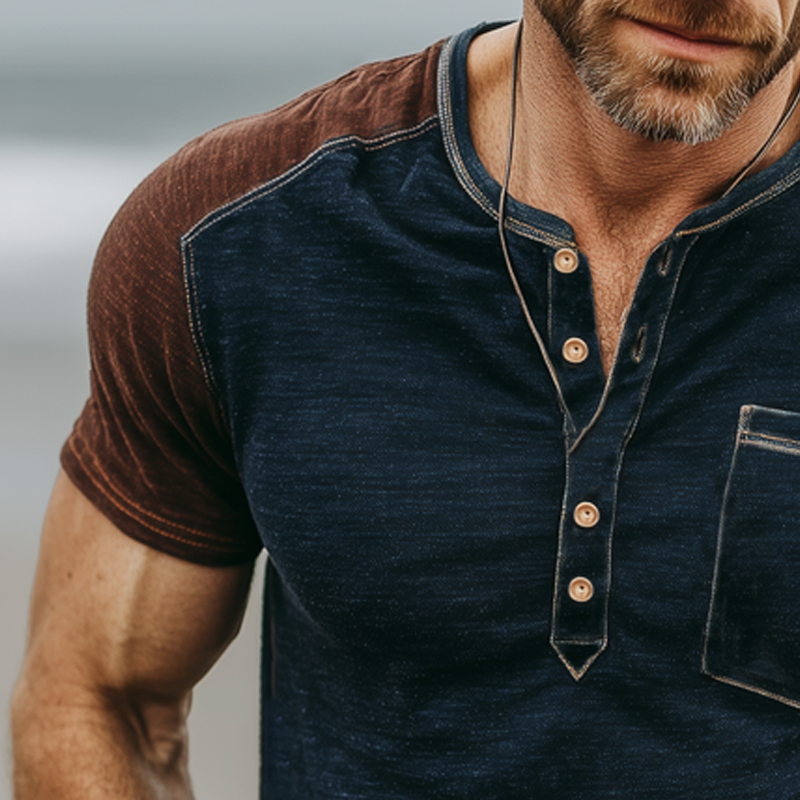 Men's Classic Henley Collar Retro Colorblock Short Sleeve T-Shirt MTA1500G2U