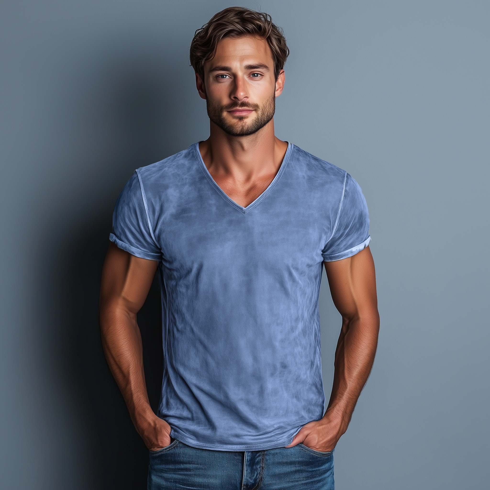Men's Classic Casual Thin Suede Washed Distressed V-neck Slim Short-sleeved T-shirt MTA1920G5K