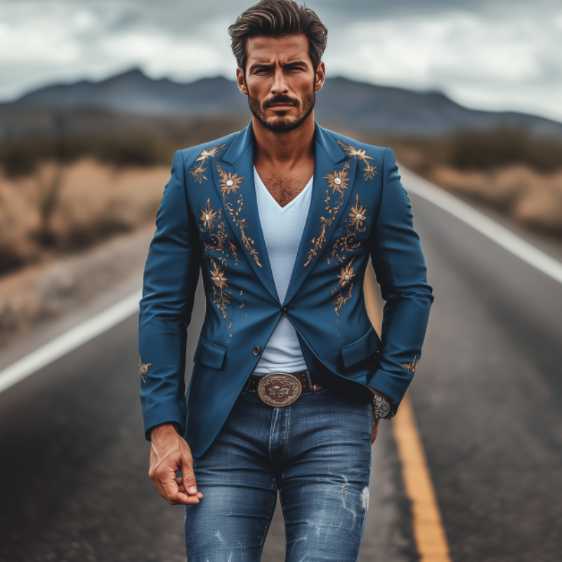 Men's Fashion American Retro Western Style Satin Embroidered Blazer 14388364K