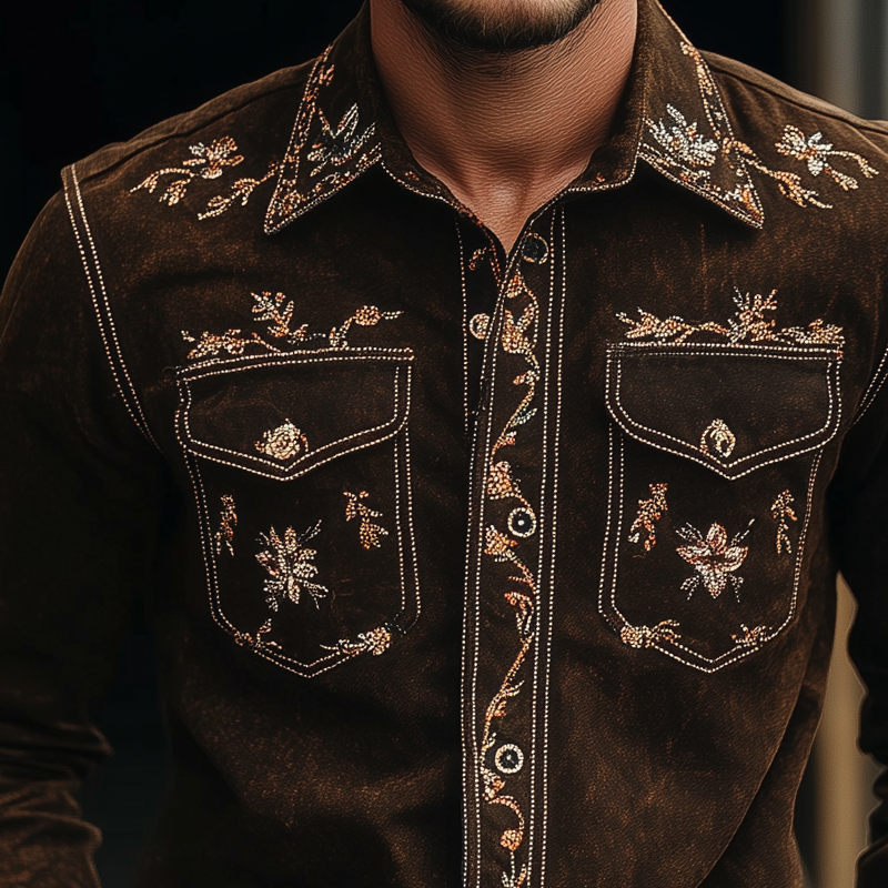 Men's Vintage Floral Embroidered Long Sleeve Lapel Shirt MTA2070H5X