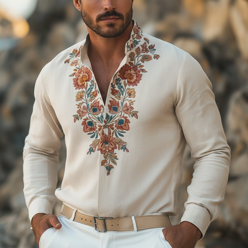 Men's Spring Fashion Floral Embroidered Linen Blend Long-sleeved Shirt MTZ0828A7P