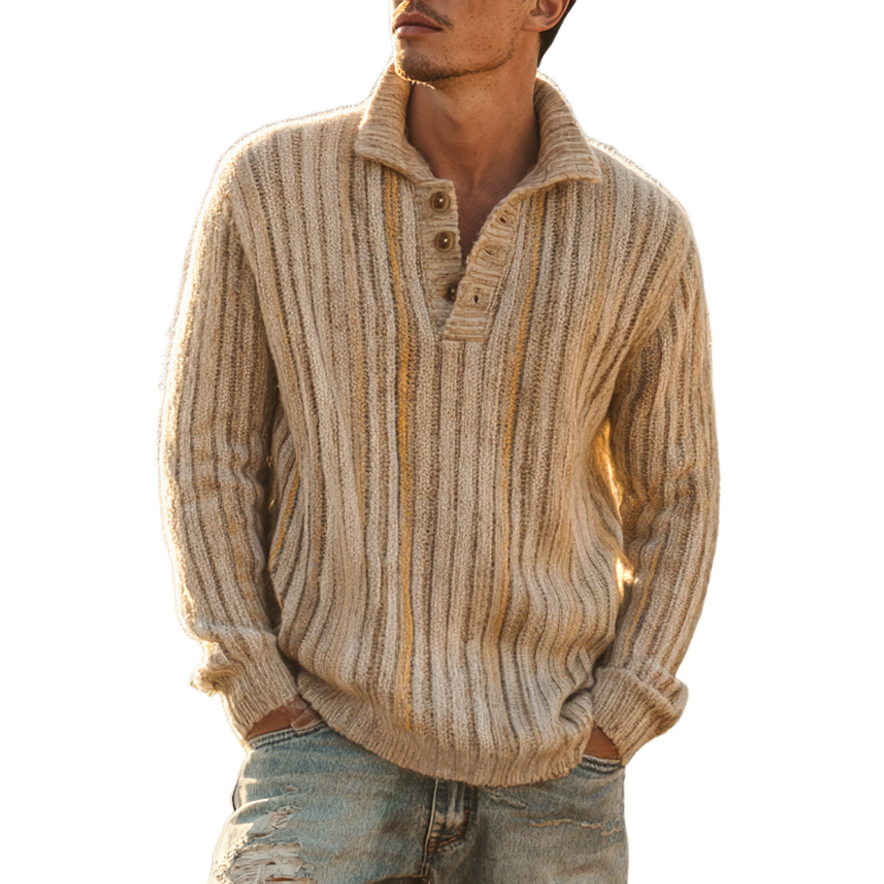 Men's Striped Knitted Lapel Long Sleeve Casual Sweater MTA0209I6Z