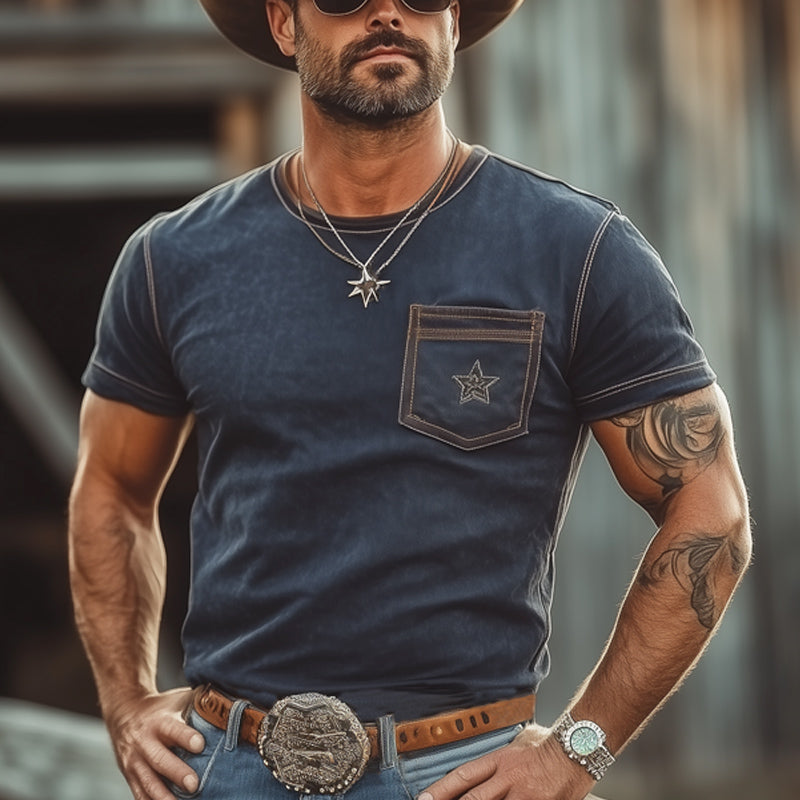 Herre-T-skjorte i western cowboy-stil med stjernebroderi og rund hals MTA2968E9U