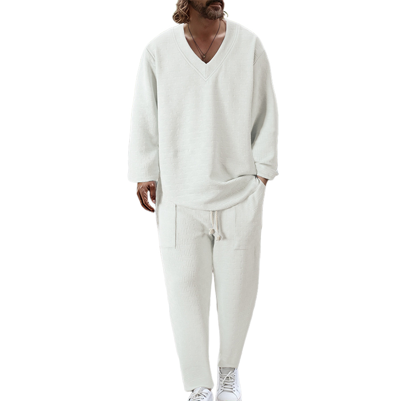 Men's Solid Color Textured Long-sleeved Trousers Two-piece Set MTA2918H5X