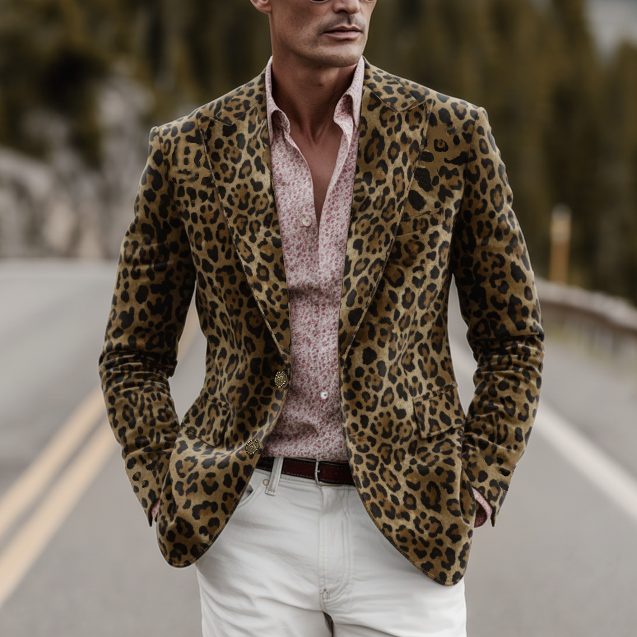 Men's Classic Western Vintage Leopard Faux Suede Single-Breasted Slim-Fit Blazer MTA1803I1K