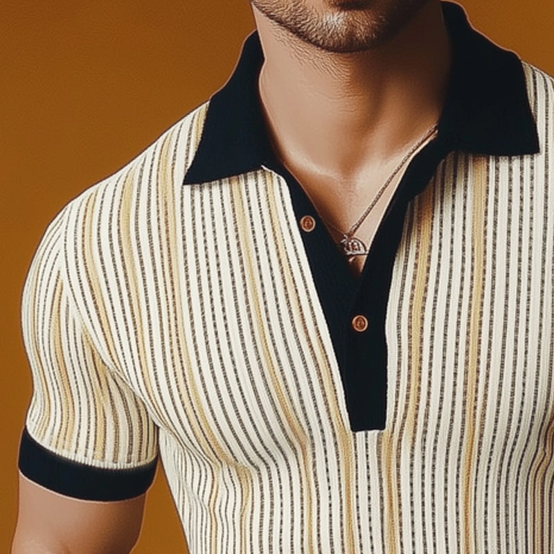 Men's Summer Classic Vertical Striped Knitted Polo Neck T-Shirt MTA0724E5U