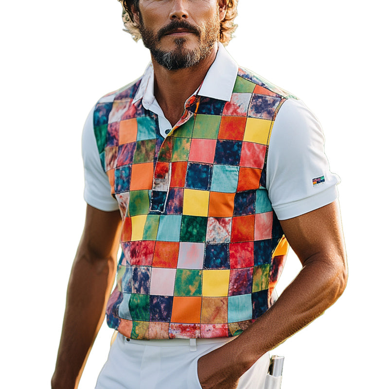 Men's Color Block Print Short Sleeve Polo Shirt MTA0811E8X