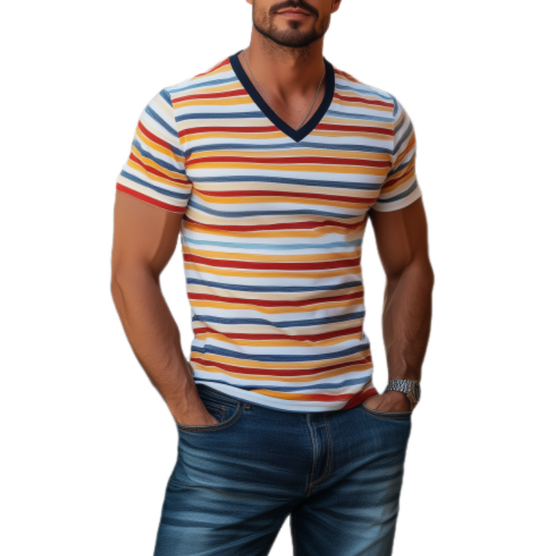 Men's Classic Casual Contrast Striped Patchwork Cotton Slim Fit T-shirt 55153504K