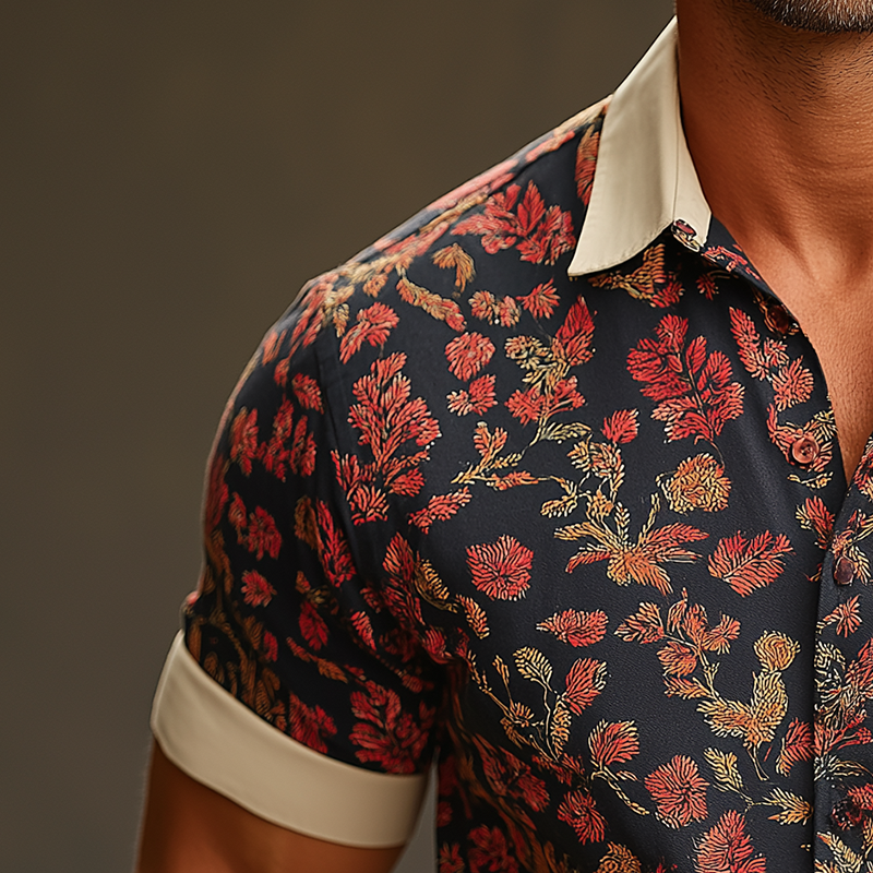 Men's Summer Fashion Printed Cotton Blended Short Sleeve Shirt MTA2514G7P