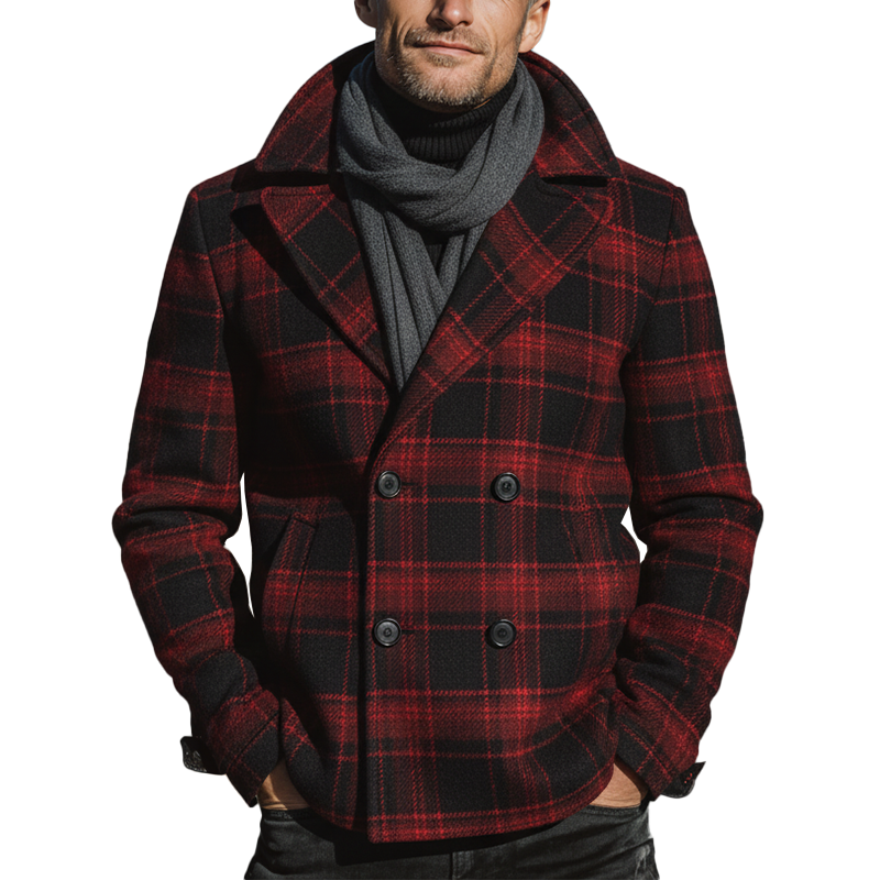 Men's Winter Fashion Plaid Faux Wool Short Lapel Coat MTA1117J4P