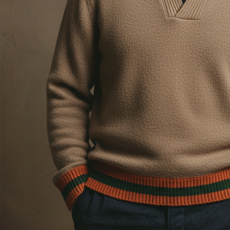 Men's Retro Striped Knit Color Block Lapel Pullover Sweater MTA1304K3X