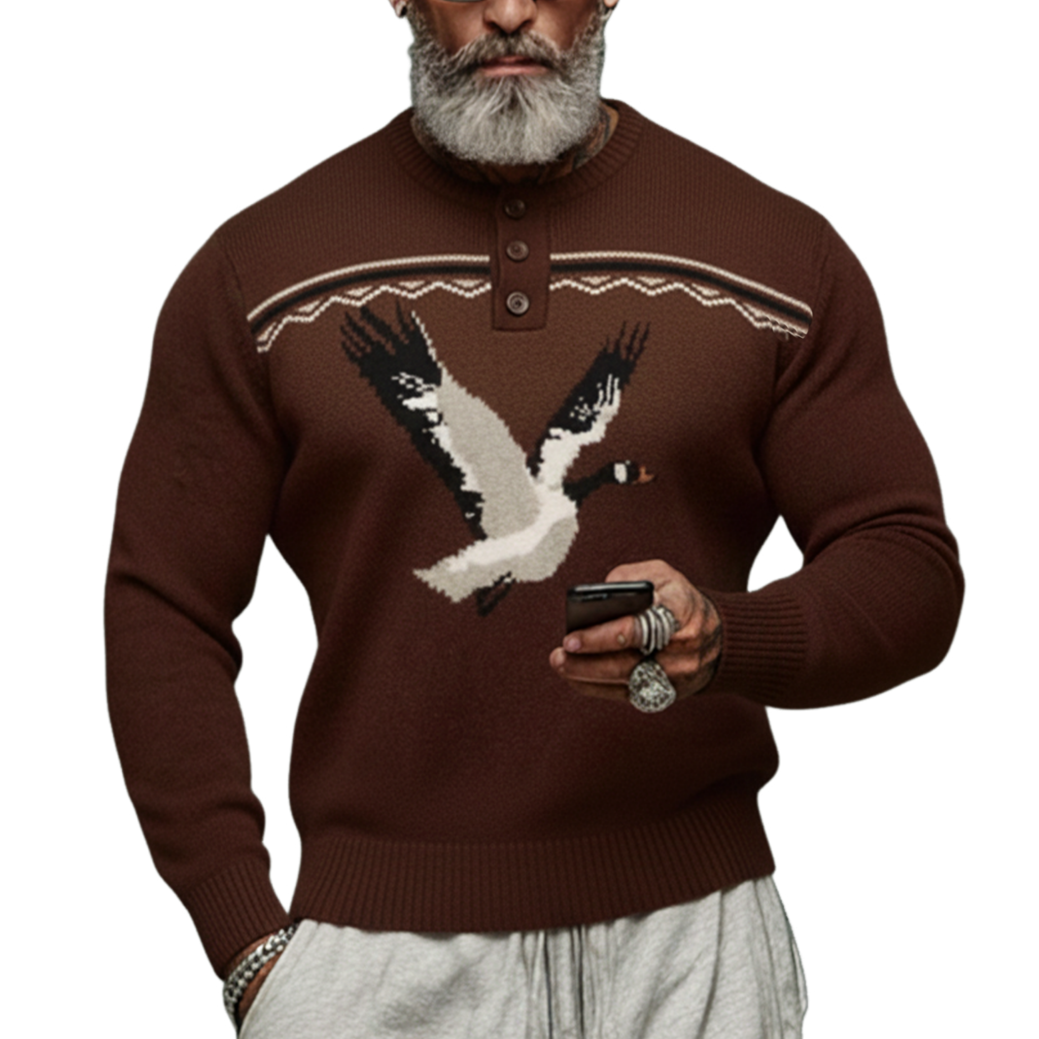 Men's Classic Old-money Style Henley Collar White Eagle Jacquard Sweater MTA0688K5K