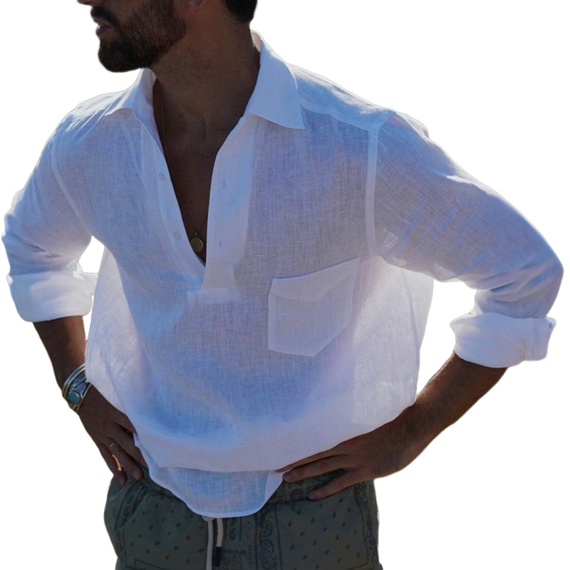 Men's Casual Solid Color Breathable Linen Button-up Lapel Patch Pocket Loose Long Sleeve Shirt MTA0434G3M