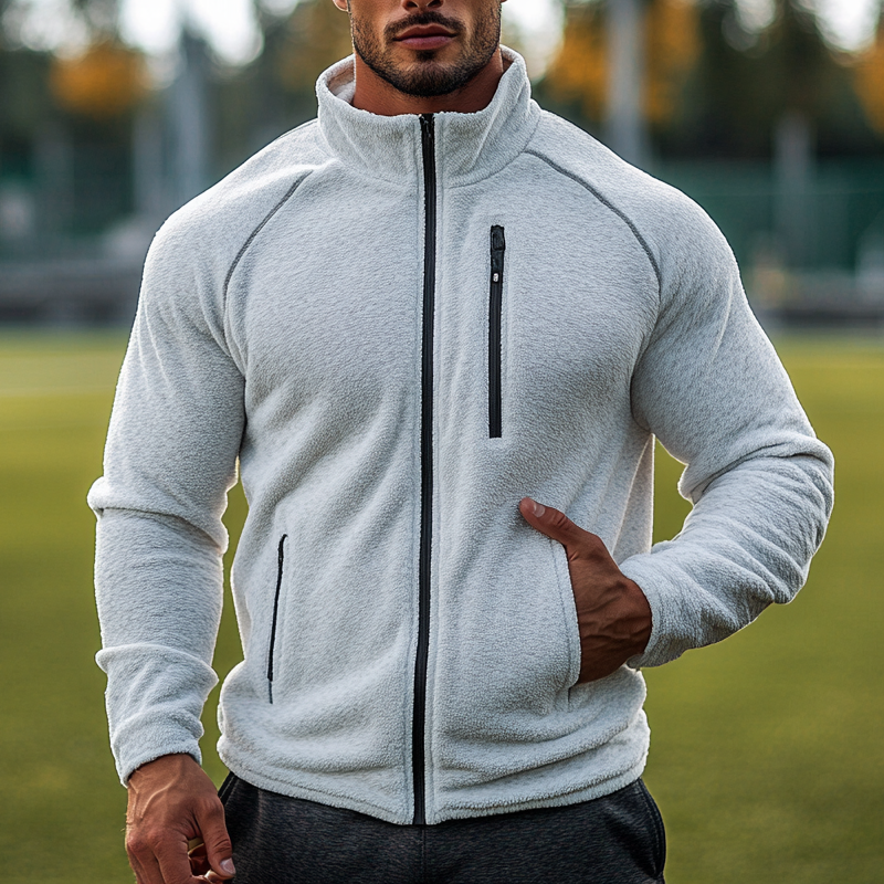 Men's Casual Sports Solid Color Polar Fleece Stand Collar Zipper Jacket MTA1365J3X