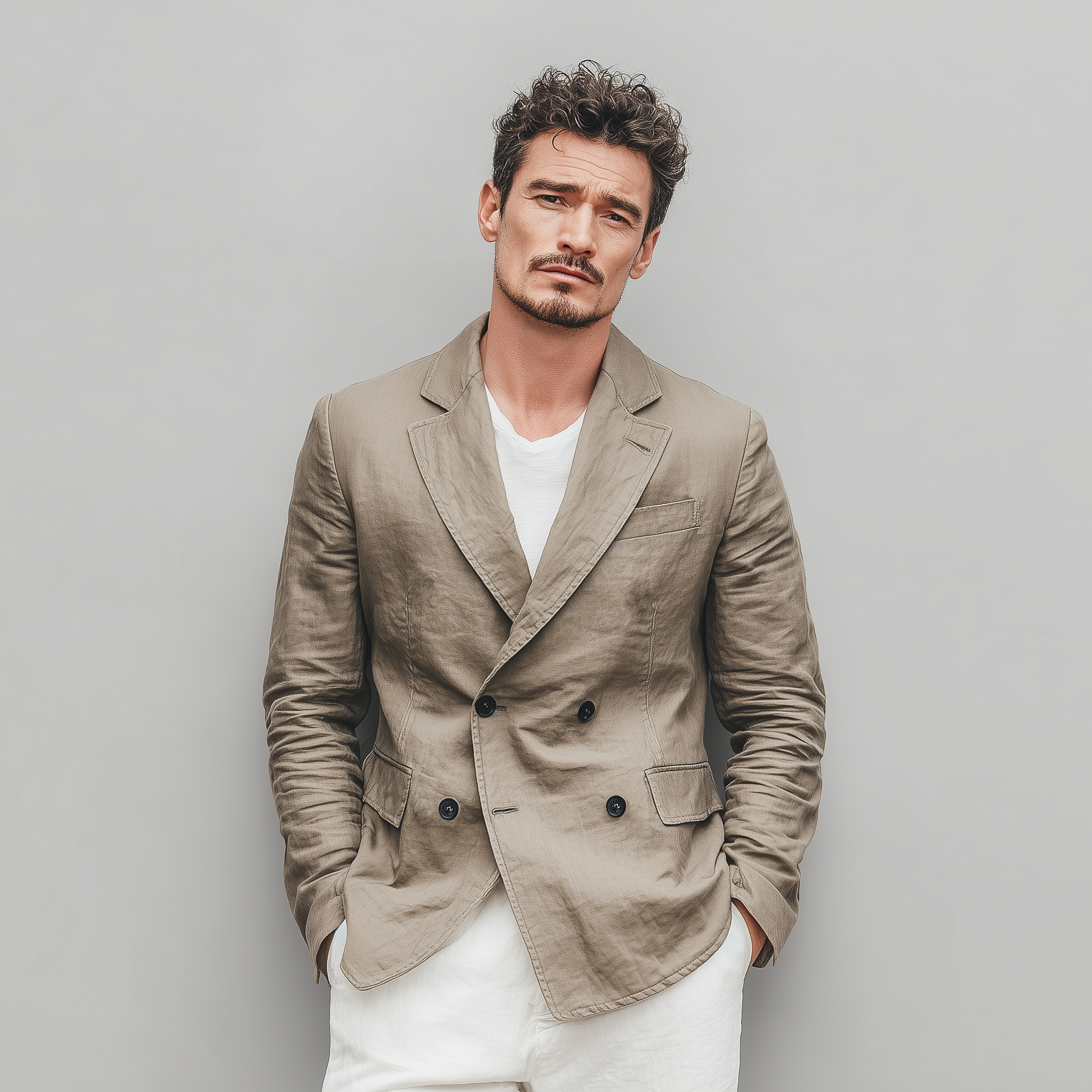 Men's Classic Casual Cotton And Linen Blend Solid Color Double Breasted Blazer MTA2533G2K