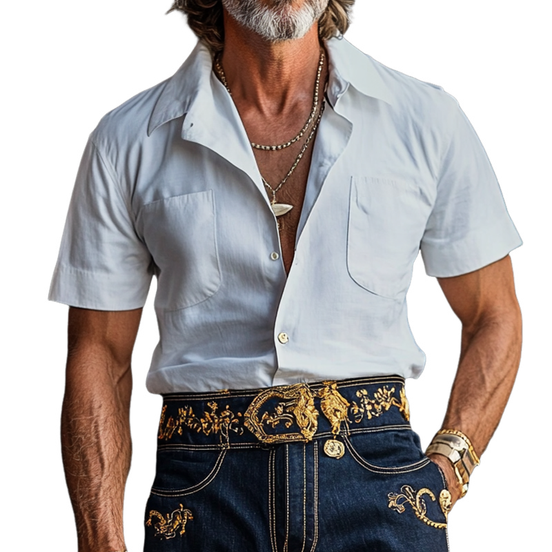 Men'S Fashion Solid Lapel Chest Pocket Short Sleeve Shirt MTA0984E2Z