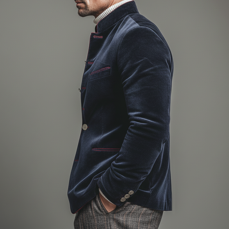Men's Retro Business Stand Collar Velvet Embroidered Lines Slim Fit Jacket MTA2257L0U