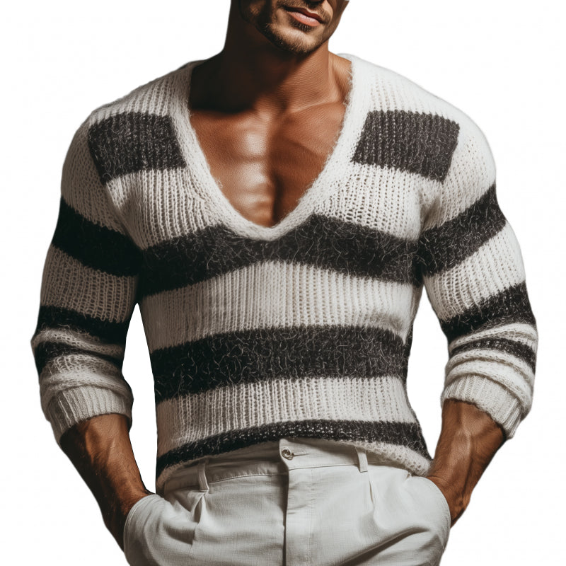 Men's Casual Deep V-neck Contrast Striped Slim Fit Knitted Long-sleeved Sweater MTA3152G3M