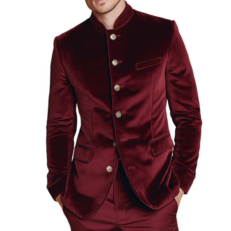 Men's Vintage Casual Velvet Single-Breasted Stand Collar Blazer MTA1390H1TO