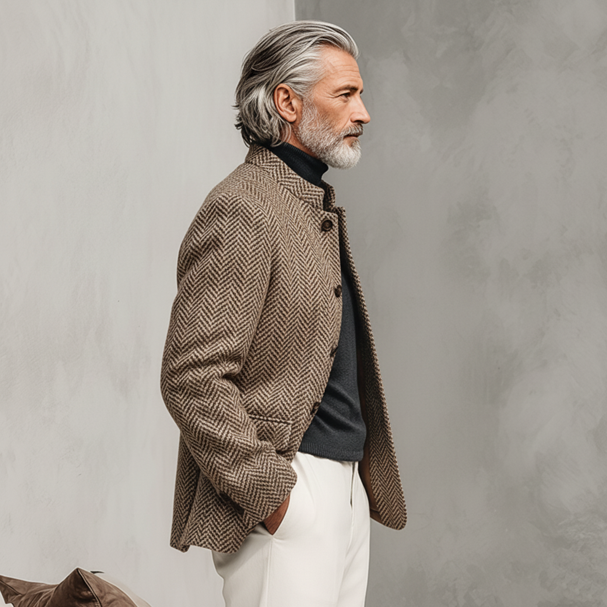 Men's Classic Casual Stand-up Collar Faux Herringbone Wool Jacket MTA0577K7K