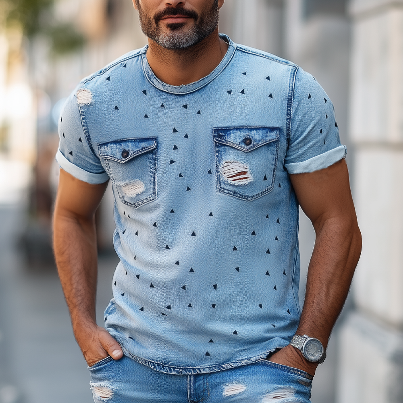 Herre sommer-T-skjorte med rund hals og rippet denim MTA2477F7U