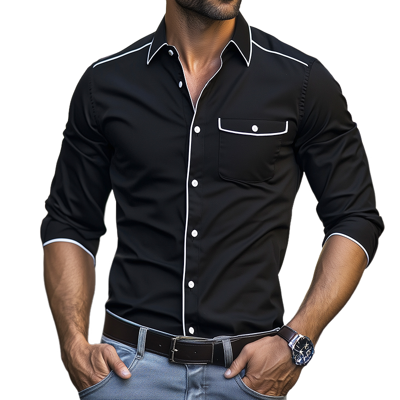 Men's Retro Colorblock Casual Pocket Lapel Long Sleeve Shirt 09070366TO