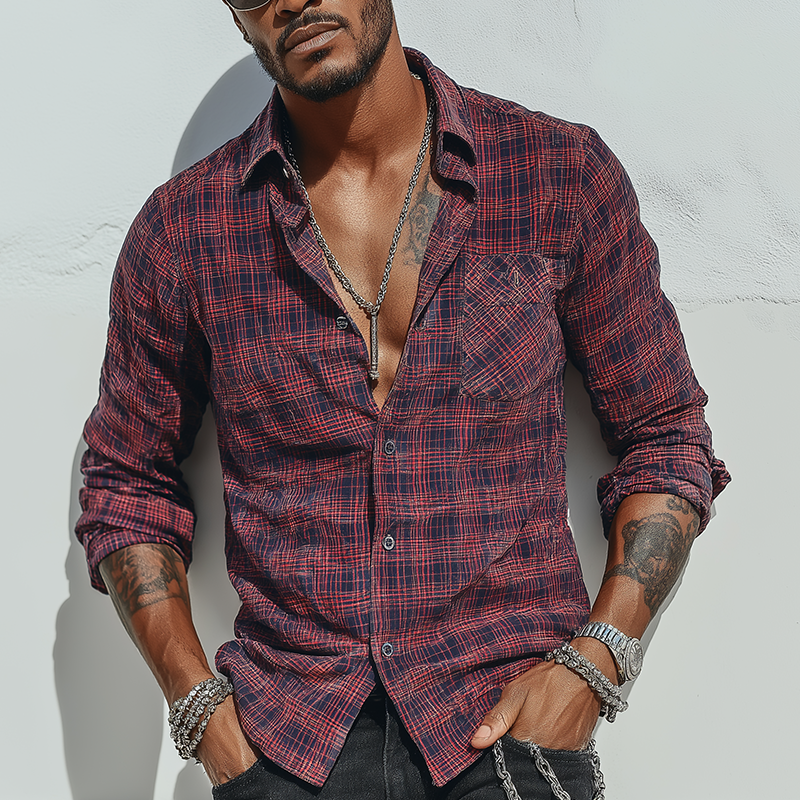 Men's Summer Check Print Cotton Blend Long Sleeve Shirt MTA1572G3P
