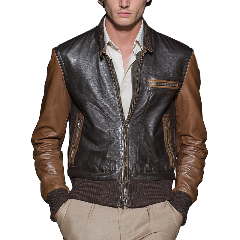 Men's Winter Retro PU Splicing Slim Leather Jacket MTA1460J1P