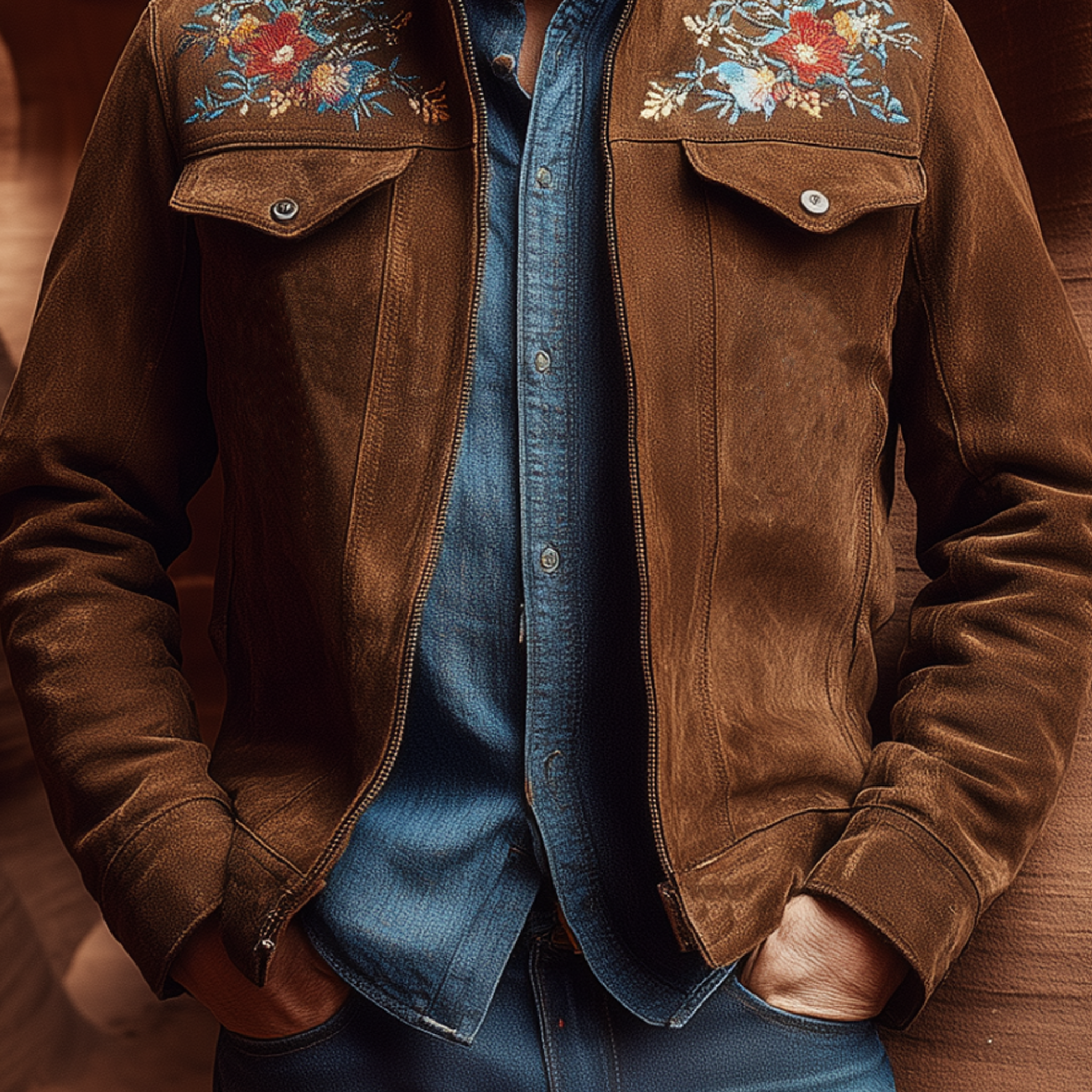 Men's Classic American Retro Western Style Stand Collar Embroidered Suede Jacket MTA2162H3K