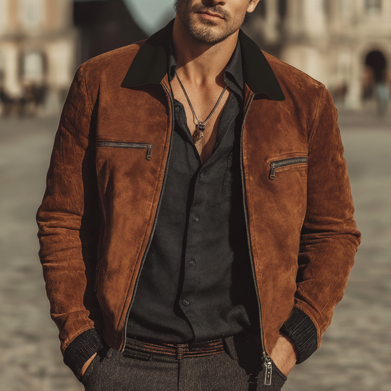 Men's Business Color Block Faux Suede Zip-Up Jacket MTZ0466A0U