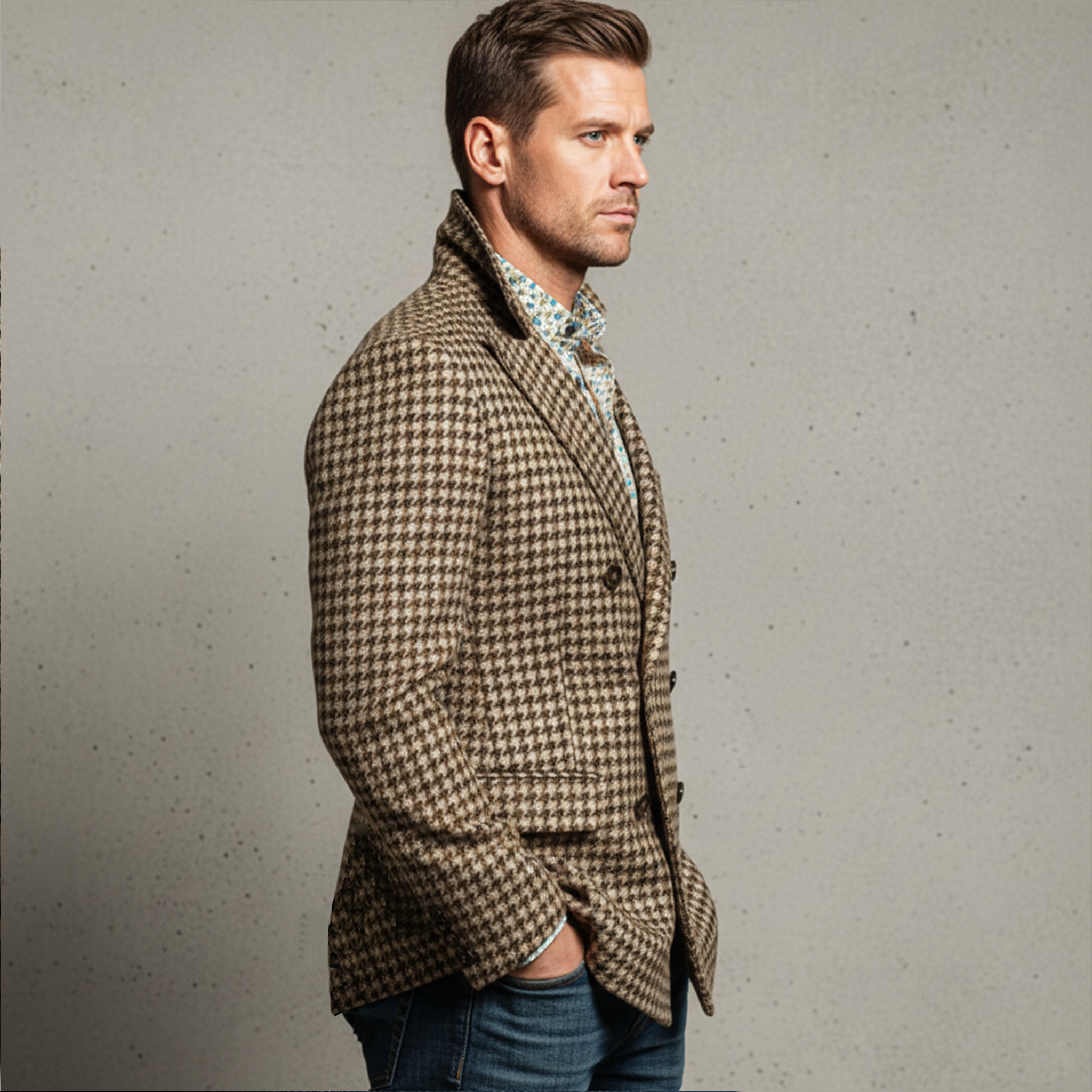 Men's Classic Retro Double-breasted Slim-fit Houndstooth Faux Wool Suit Coat MTA2309I1K