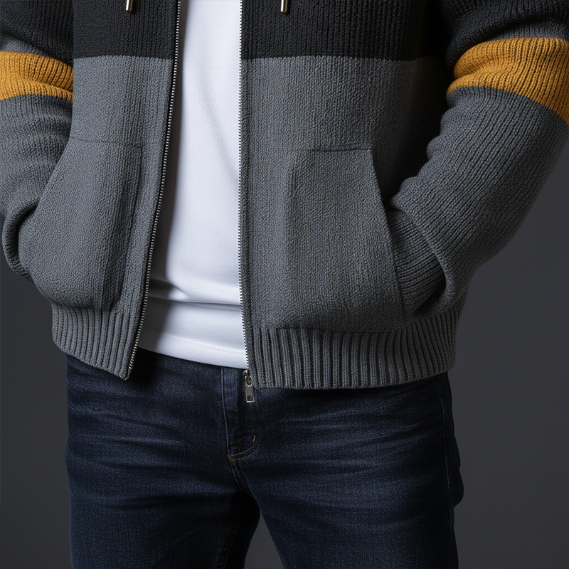 Men's Winter Retro Color Block Cotton Yarn Knitted Hooded Cardigan MTA0356K1P