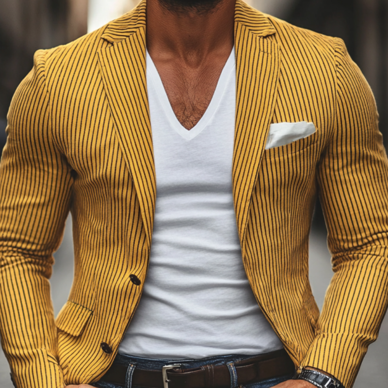 Men's Casual Breathable Linen Pinstripe Notched Lapel Single Breasted Slim Fit Blazer MTA2861D2M