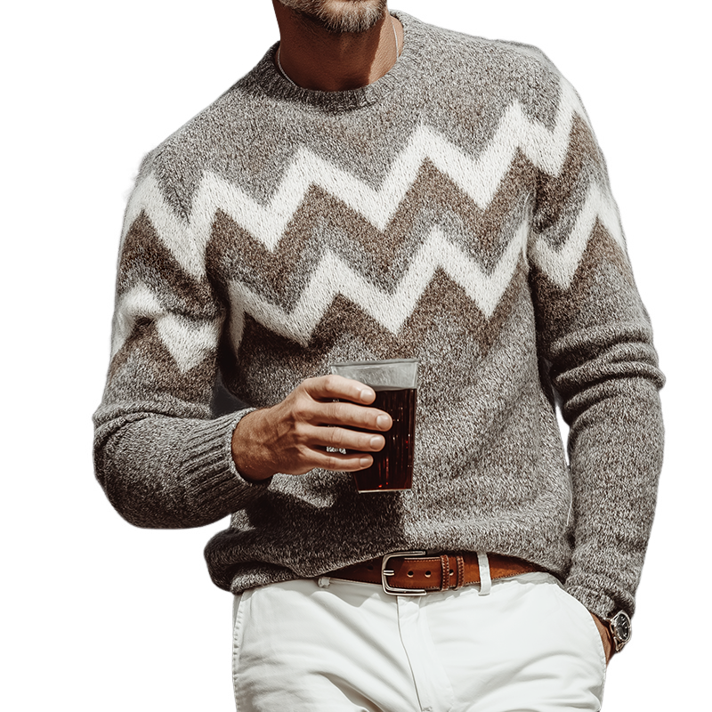 Men's Retro Casual Zigzag Striped Colorblock Crew Neck Sweater MTA1045J7TO