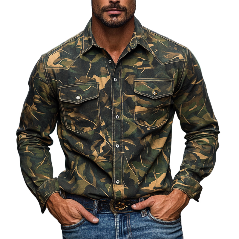 Men's Outdoor Camouflage Print Lapel Long-sleeved Shirt MTA3062I6X