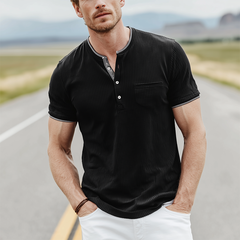 Men's Spring And Summer Classic Casual Henley Collar Striped Textured Fabric Slim Fit Short Sleeve T-shirt MTA1145G1K