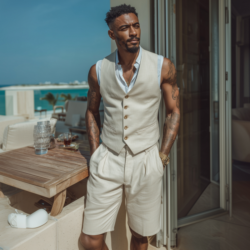 Men's Vintage Elegant Cotton Blend V-neck Single-breasted Slim Fit Suit Vest Shorts Set (T-Shirt Excluded) MTA1846F8M