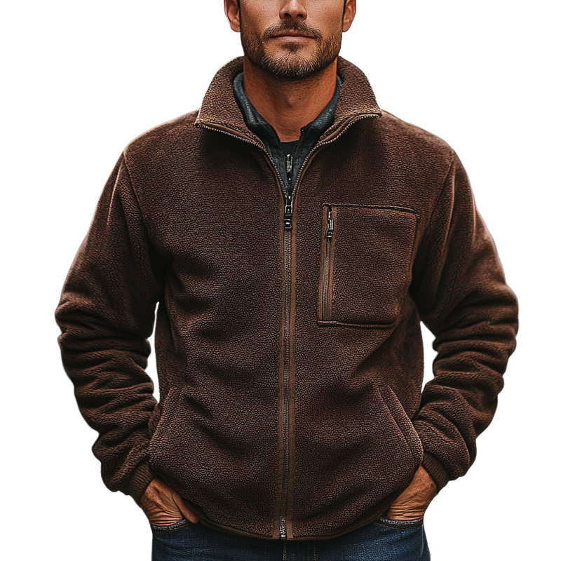 Men's Solid Color Polar Fleece Stand Collar Loose Zipper Jacket MTA1233I0X