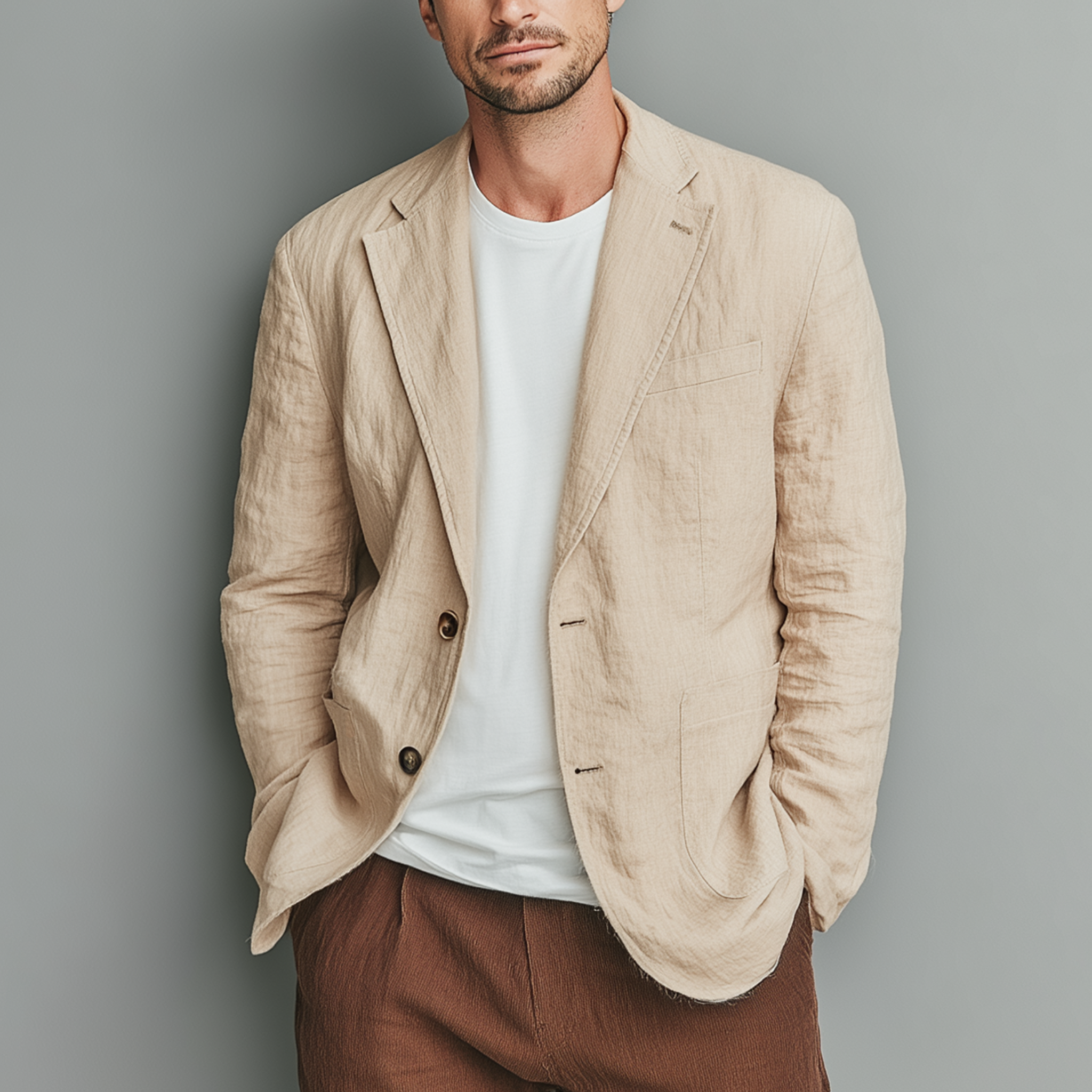 Men's Classic Casual Cotton And Linen Solid Color Single-breasted Two-button Blazer MTA2530G6K