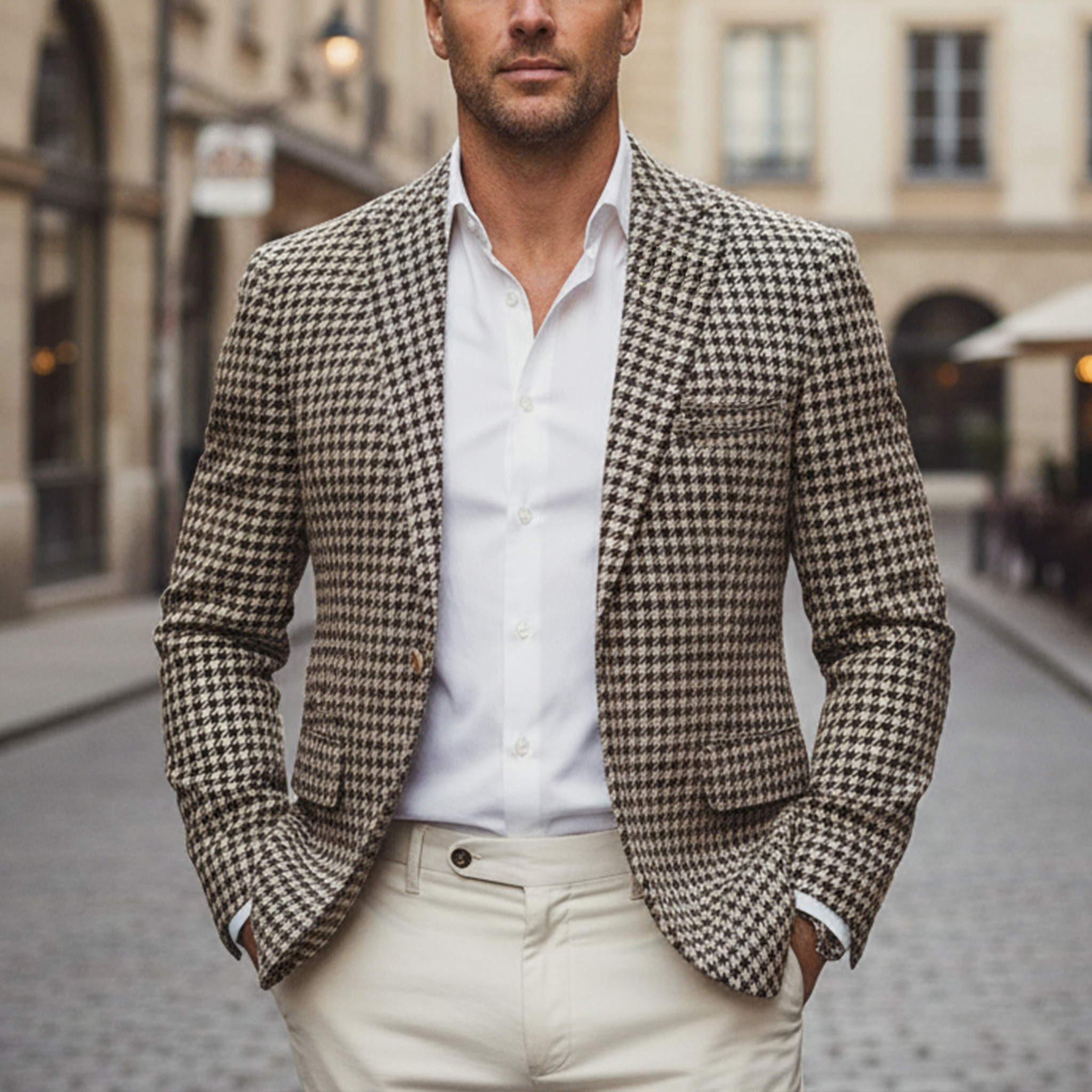 Men's Classic Light Business Faux Woolen Houndstooth Single-breasted Blazer MTA2289I6K