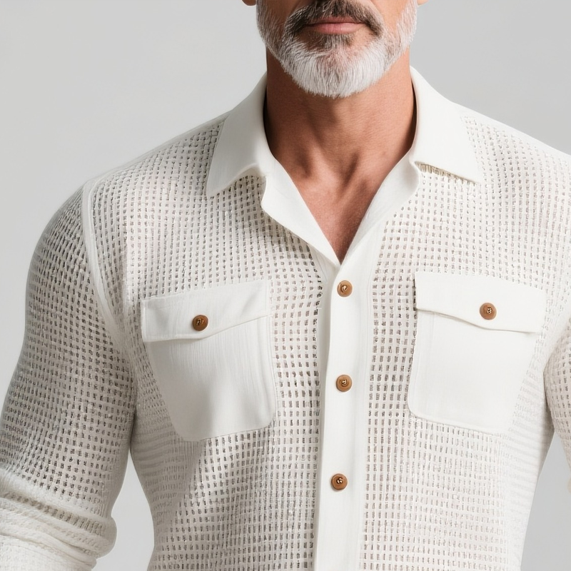 Men's Solid Hollow Out Fabric Lapel Long Sleeve Shirt MTA2817G3Z