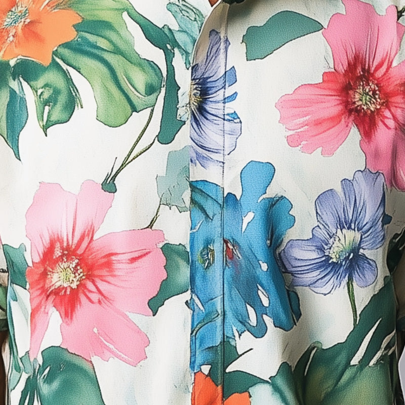 Men's Summer Fashion Floral Print Cotton And Linen Short Sleeve Shirt MTA1582E2P